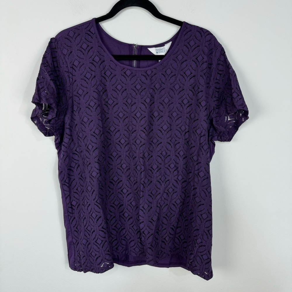 Market & Spruce Hans Crochet Purple Laser Cut Detailed Short Sleeve Top Casual